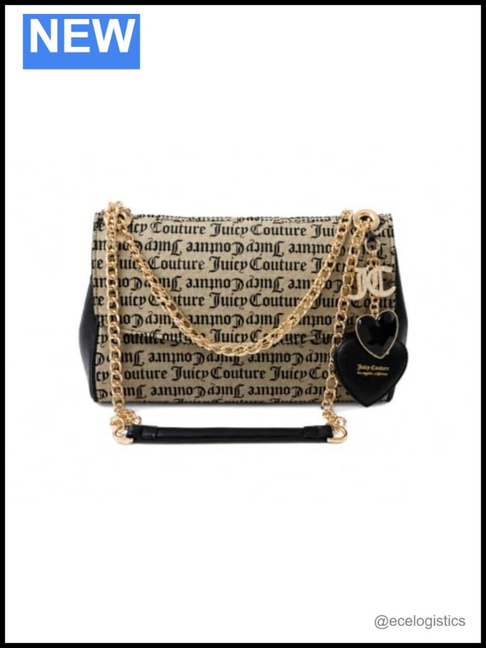 Juicy Couture Logo Print Crossbody Bag with Gold Chain Strap and Heart Charm,